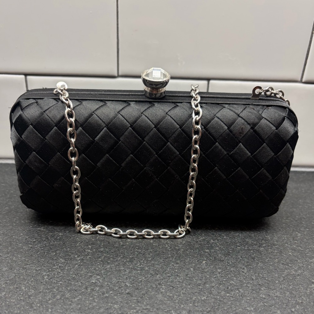 Black Satin Woven Chain Evening Clutch with Crystal Kiss Lock